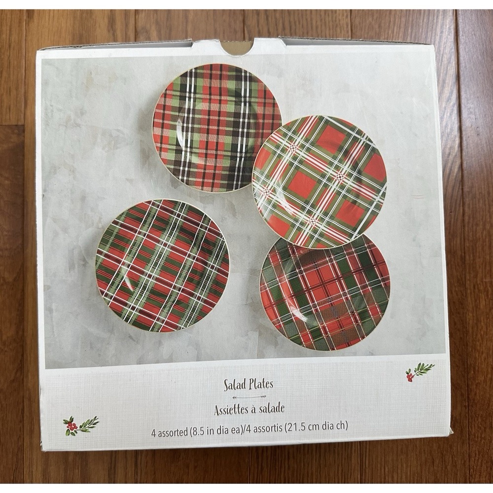 Pier 1 Set Of 4 Salad Dessert Plates Homecoming Plaid 8.5" Diameter NEW Holiday